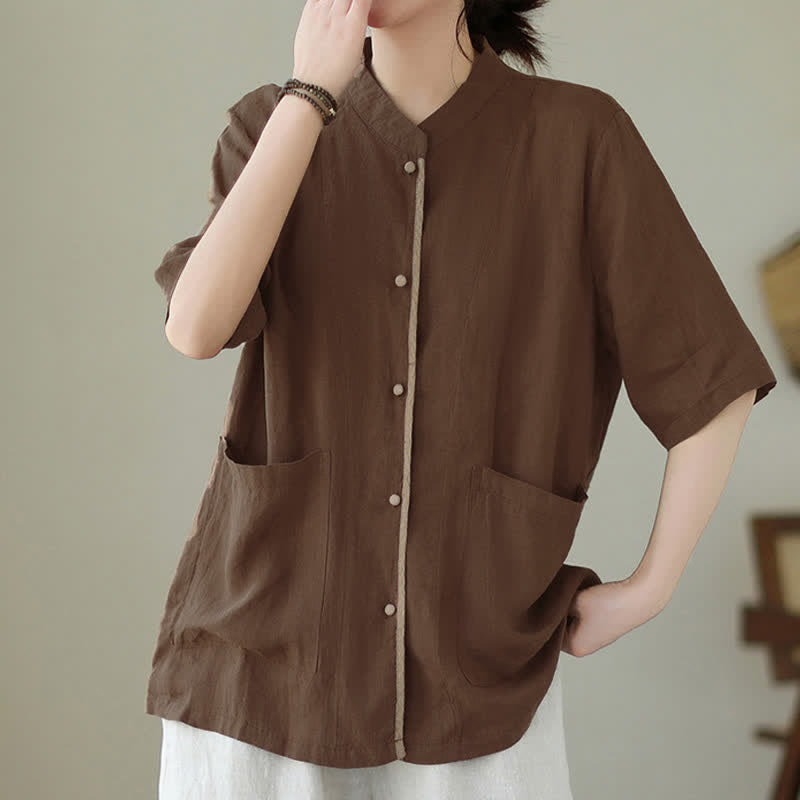 Buddha Stones Camisas de manga corta para mujer, estilo minimalista, con botones y bolsillos, ideales para el verano. - Marrón silla de montar - US8-10，UK/AU12-14，EU40-42 (2XL) - image 0