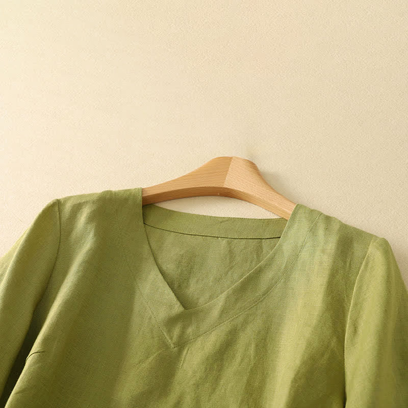 Buddha Stones Camisetas de manga corta para mujer, estilo minimalista, con cuello en V, color liso, ideales para el verano. - image 1