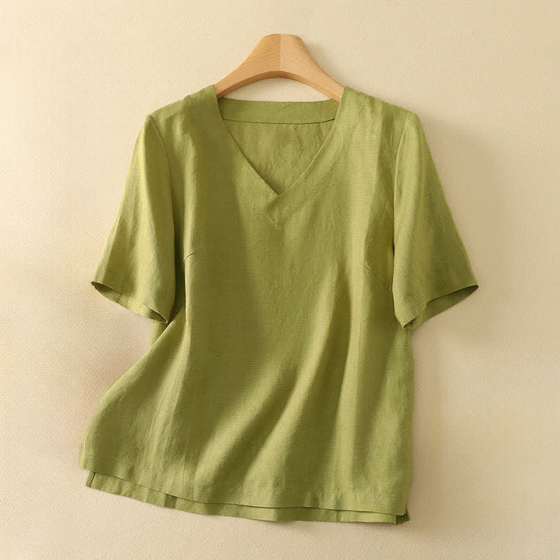 Buddha Stones Camisetas de manga corta para mujer, estilo minimalista, con cuello en V, color liso, ideales para el verano. - Verde oliva - US8-10，UK/AU12-14，EU40-42 (2XL) - image 0