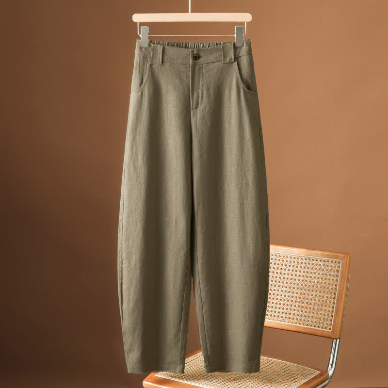Buddha Stones Pantalones harem minimalistas de verano para mujer, de color liso, con botones y bolsillos. - Caqui oscuro - US8-10，UK/AU12-14，EU40-42 (2XL) - image 0