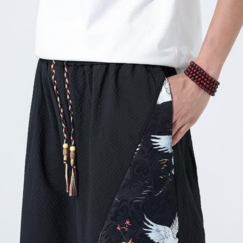 Buddha Stones Pantalones harem de verano para hombre con cordón ajustable, borla y estampado de grullas. - image 19