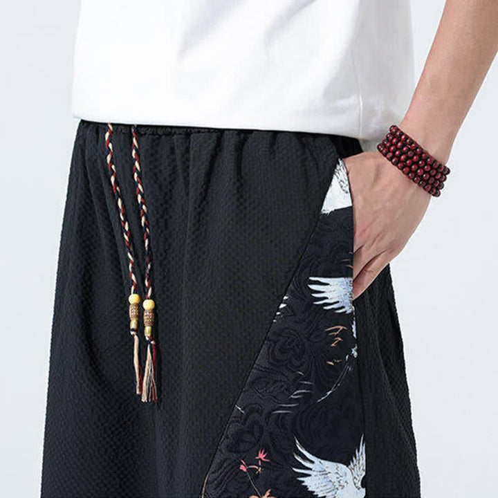 Buddha Stones Pantalones harem de verano para hombre con cordón ajustable, borla y estampado de grullas. - image 19