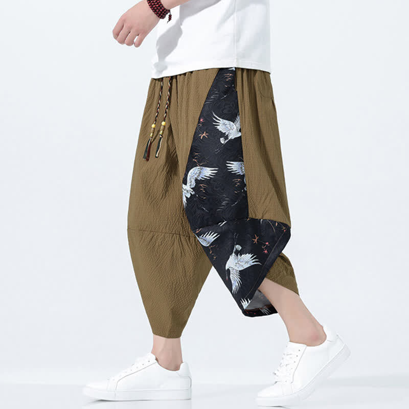 Buddha Stones Pantalones harem de verano para hombre con cordón ajustable, borla y estampado de grullas. - Marrón silla de montar - US/UK/AU46, EU56 (5XL) - image 0