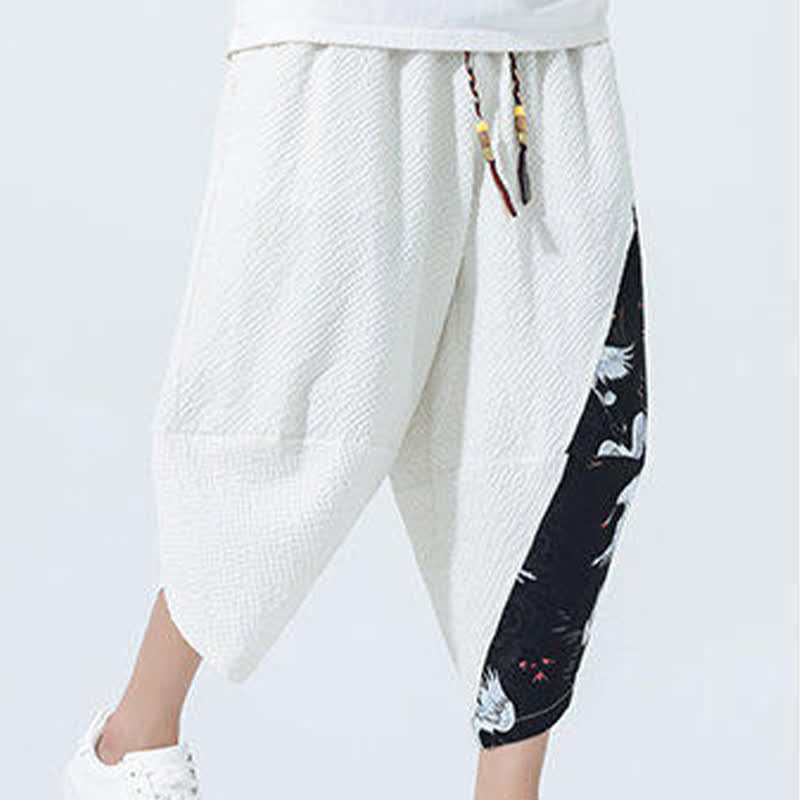 Buddha Stones Pantalones harem de verano para hombre con cordón ajustable, borla y estampado de grullas. - image 22