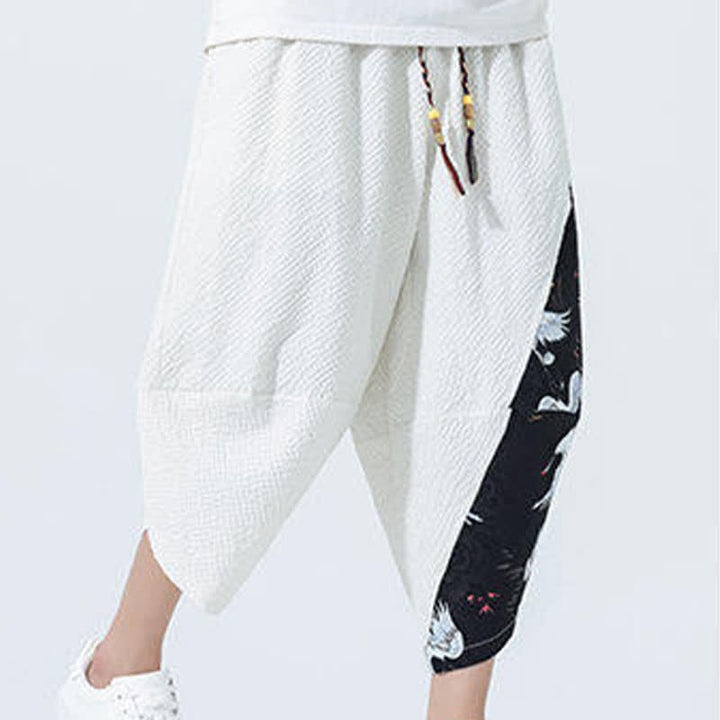 Buddha Stones Pantalones harem de verano para hombre con cordón ajustable, borla y estampado de grullas. - image 22