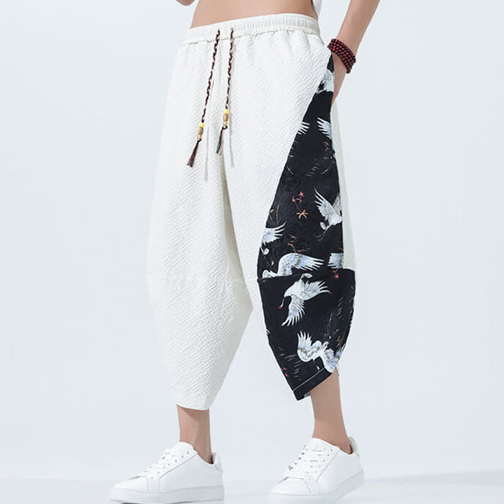 Buddha Stones Pantalones harem de verano para hombre con cordón ajustable, borla y estampado de grullas. - image 26