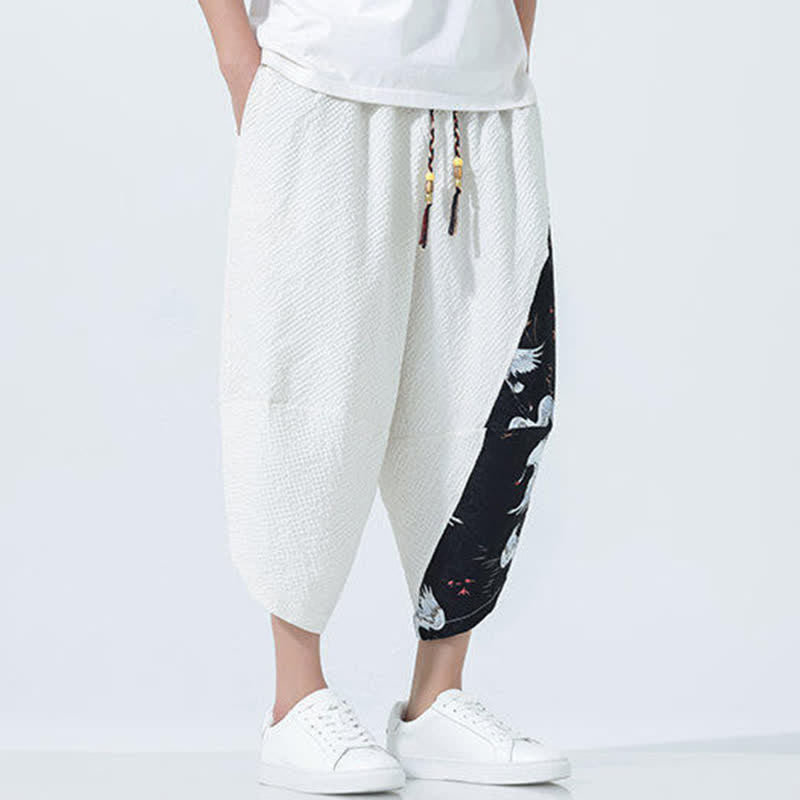Buddha Stones Pantalones harem de verano para hombre con cordón ajustable, borla y estampado de grullas. - image 25