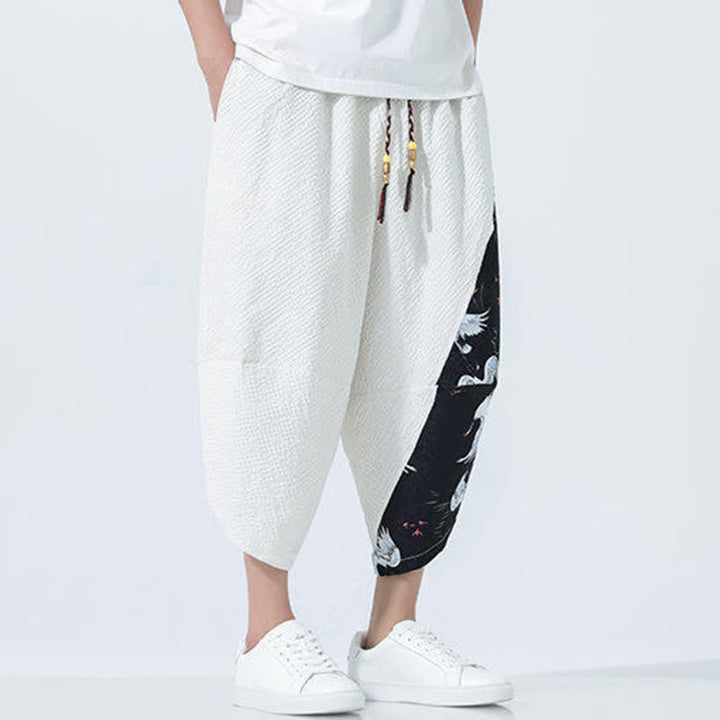 Buddha Stones Pantalones harem de verano para hombre con cordón ajustable, borla y estampado de grullas. - image 25