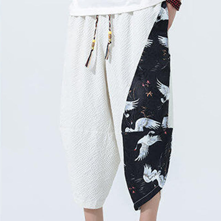 Buddha Stones Pantalones harem de verano para hombre con cordón ajustable, borla y estampado de grullas. - image 27