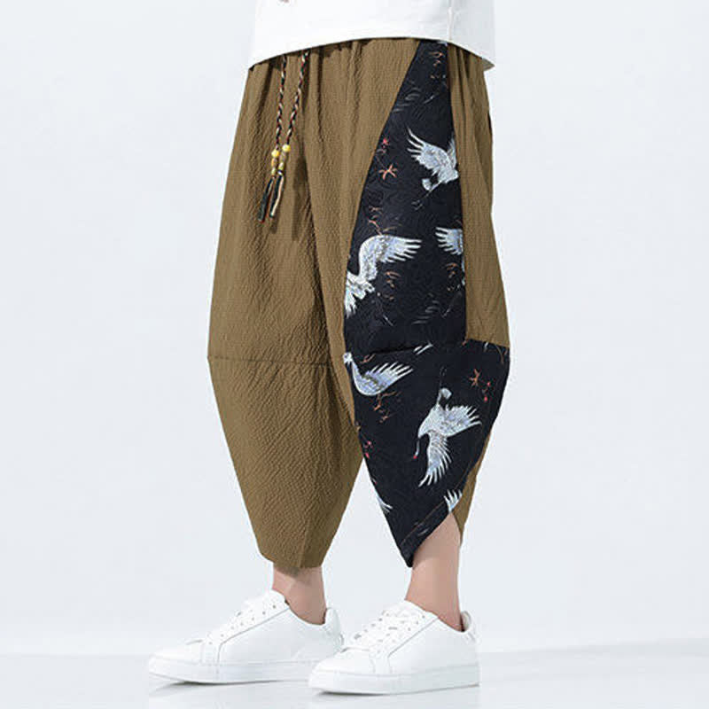 Buddha Stones Pantalones harem de verano para hombre con cordón ajustable, borla y estampado de grullas. - image 7