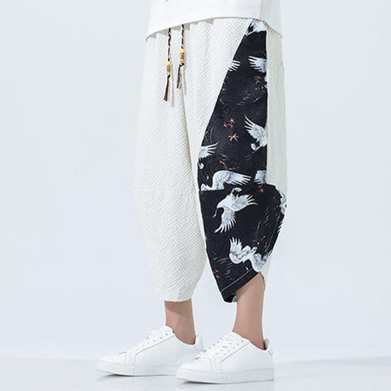 Buddha Stones Pantalones harem de verano para hombre con cordón ajustable, borla y estampado de grullas. - image 28