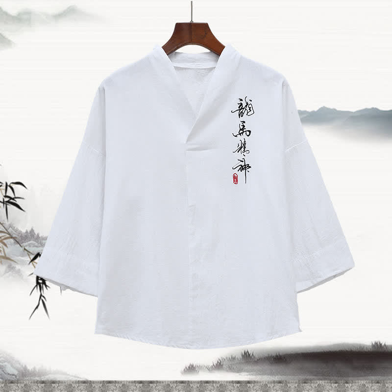 Buddha Stones Camisetas de manga tres cuartos para hombre con cuello mandarín, bordados y estampado caligráfico, estilo Summer Tang. - Blanco - US/UK/AU46, EU56 (5XL) - image 1