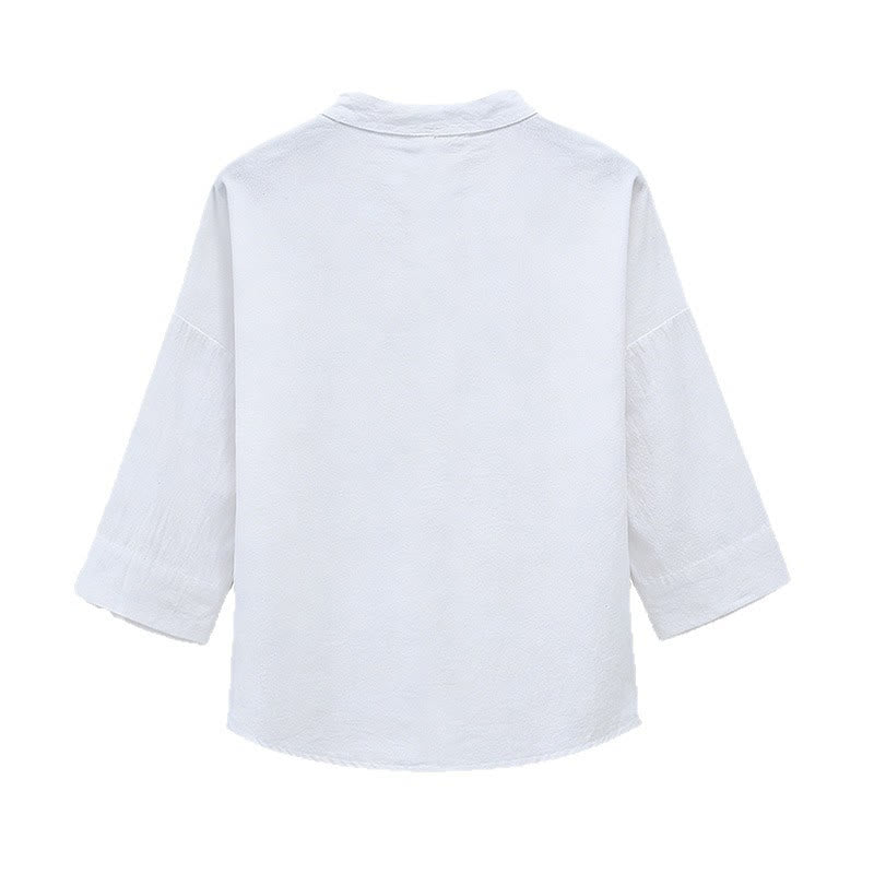 Buddha Stones Camisetas de manga tres cuartos para hombre con cuello mandarín, bordados y estampado caligráfico, estilo Summer Tang. - image 2