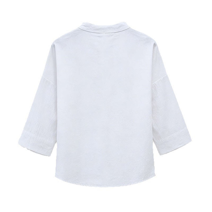 Buddha Stones Camisetas de manga tres cuartos para hombre con cuello mandarín, bordados y estampado caligráfico, estilo Summer Tang. - image 2