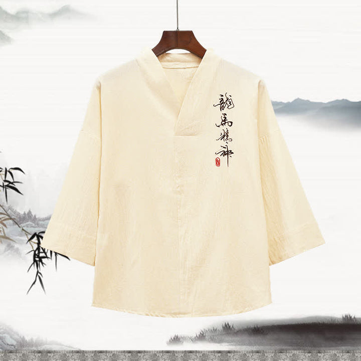 Buddha Stones Camisetas de manga tres cuartos para hombre con cuello mandarín, bordados y estampado caligráfico, estilo Summer Tang. - Blanco antiguo - US/UK/AU46, EU56 (5XL) - image 3