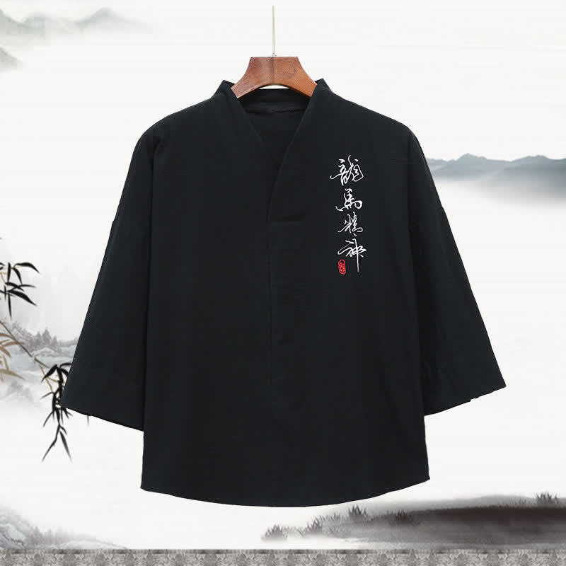 Buddha Stones Camisetas de manga tres cuartos para hombre con cuello mandarín, bordados y estampado caligráfico, estilo Summer Tang. - Negro - US/UK/AU46, EU56 (5XL) - image 0