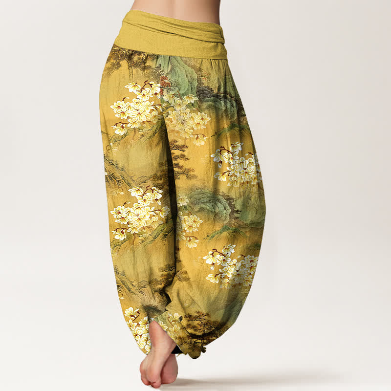 Buddha Stones Pantalones harem de algodón puro con estampado floral bohemio en acuarela y cintura elástica para mujer. - image 1