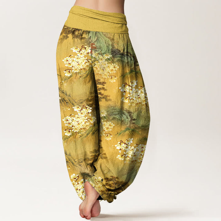 Buddha Stones Pantalones harem de algodón puro con estampado floral bohemio en acuarela y cintura elástica para mujer. - image 1