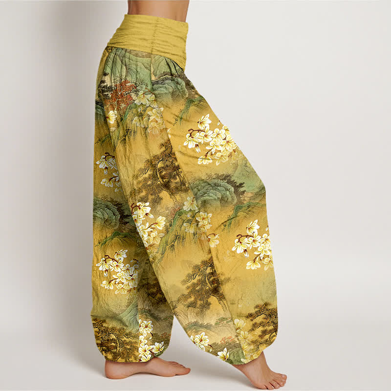Buddha Stones Pantalones harem de algodón puro con estampado floral bohemio en acuarela y cintura elástica para mujer. - image 2