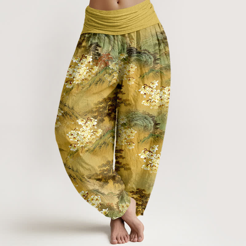Buddha Stones Pantalones harem de algodón puro con estampado floral bohemio en acuarela y cintura elástica para mujer. - vara de oro - US16，UK/AU20，EU48 (3XL) - image 0