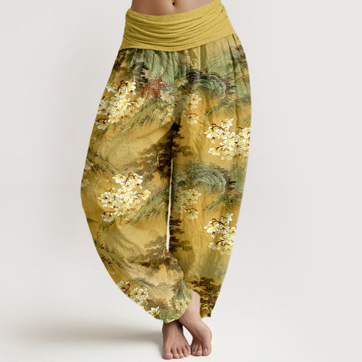 Buddha Stones Pantalones harem de algodón puro con estampado floral bohemio en acuarela y cintura elástica para mujer. - vara de oro - US16，UK/AU20，EU48 (3XL) - image 0