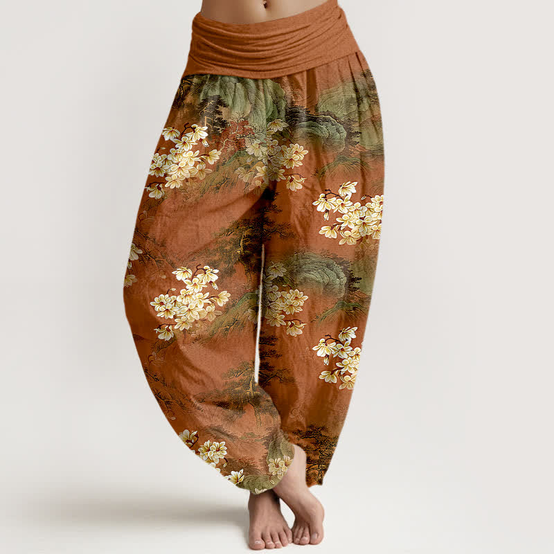 Buddha Stones Pantalones harem de algodón puro con estampado floral bohemio en acuarela y cintura elástica para mujer. - Tierra de siena - US16，UK/AU20，EU48 (3XL) - image 5