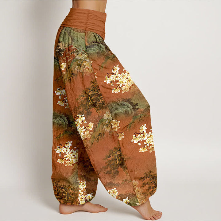 Buddha Stones Pantalones harem de algodón puro con estampado floral bohemio en acuarela y cintura elástica para mujer. - image 7