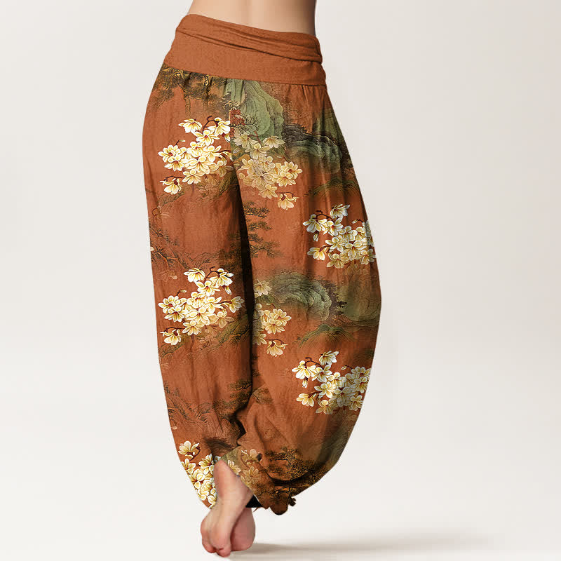 Buddha Stones Pantalones harem de algodón puro con estampado floral bohemio en acuarela y cintura elástica para mujer. - image 6
