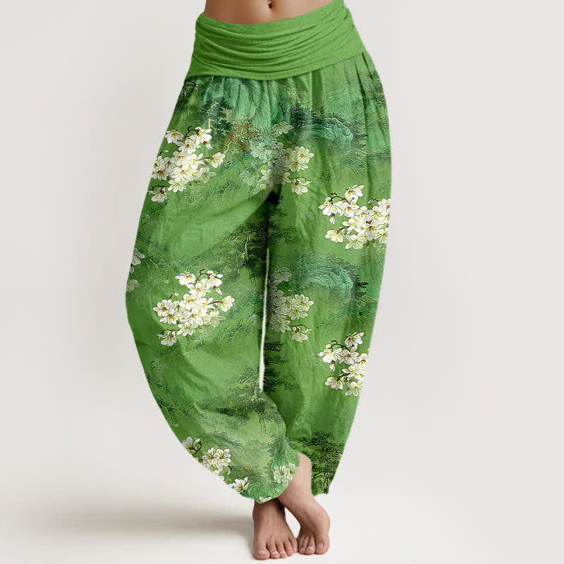 Buddha Stones Pantalones harem de algodón puro con estampado floral bohemio en acuarela y cintura elástica para mujer. - Verde mar medio - US16，UK/AU20，EU48 (3XL) - image 8