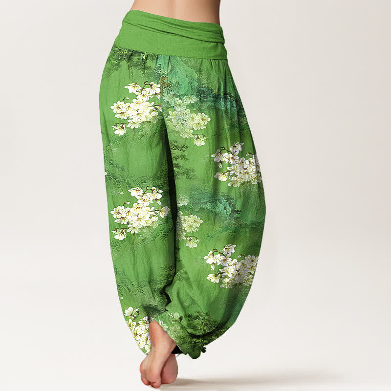 Buddha Stones Pantalones harem de algodón puro con estampado floral bohemio en acuarela y cintura elástica para mujer. - image 9