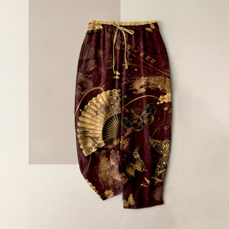 Buddha Stones Pantalones de mujer con cintura elástica y bolsillos, estampado floral de mariposas en lámina dorada. - Granate - US16，UK/AU20，EU48 (3XL) - image 4
