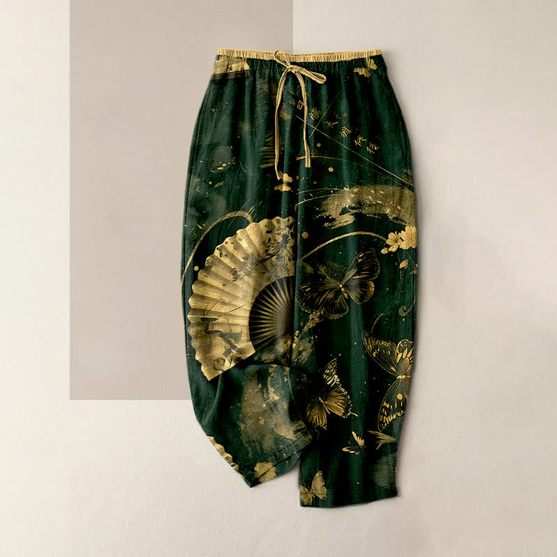 Buddha Stones Pantalones de mujer con cintura elástica y bolsillos, estampado floral de mariposas en lámina dorada. - Verde oscuro - US16，UK/AU20，EU48 (3XL) - image 5