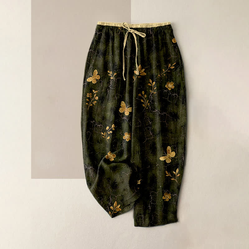 Buddha Stones Pantalones de mujer de algodón puro con estampado floral de mariposa dorada y cintura elástica con bolsillos. - Aceituna - US16，UK/AU20，EU48 (3XL) - image 0