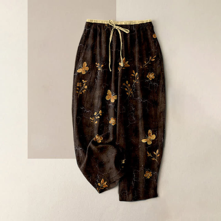 Buddha Stones Pantalones de mujer de algodón puro con estampado floral de mariposa dorada y cintura elástica con bolsillos. - Marrón silla de montar - US16，UK/AU20，EU48 (3XL) - image 4
