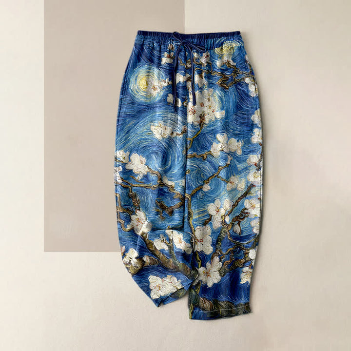 Buddha Stones Pantalones de mujer con cintura elástica y bolsillos, estampado de cielo estrellado y flores de almendro de Van Gogh. - Azul real - US16，UK/AU20，EU48 (3XL) - image 0