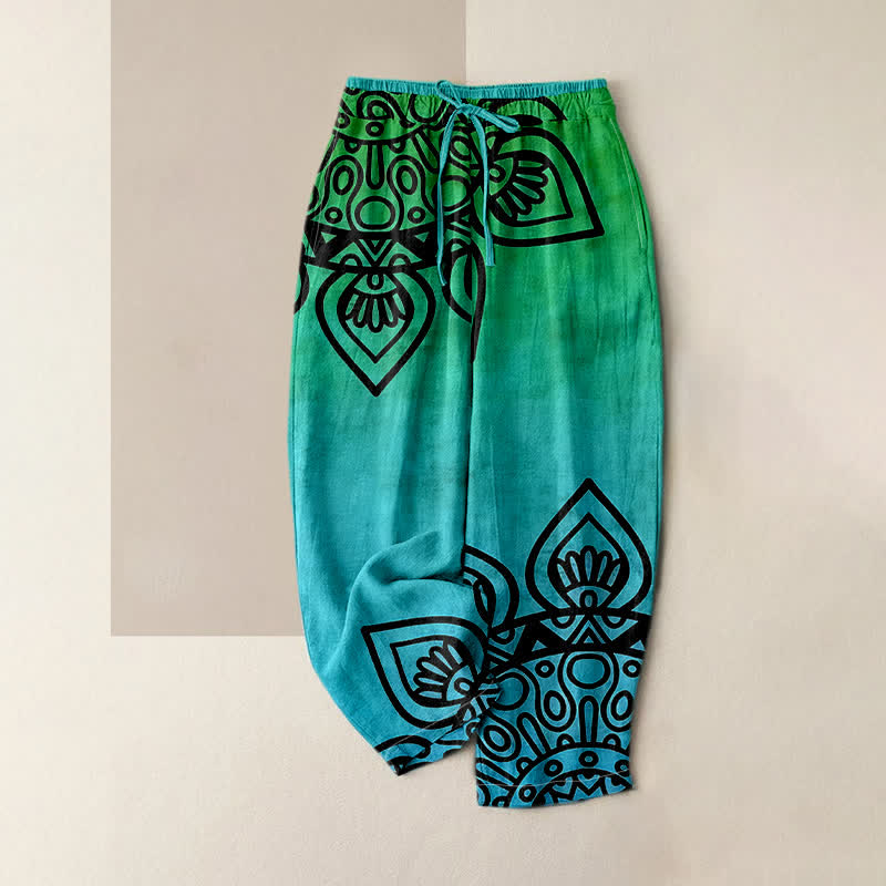 Buddha Stones Pantalones de mujer de algodón puro con estampado de mandala degradado y cintura elástica con bolsillos. - Turquesa - US16，UK/AU20，EU48 (3XL) - image 3