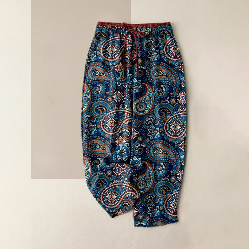 Buddha Stones Pantalones de mujer de algodón puro con estampado floral de cachemir, cintura elástica y bolsillos. - Azul acero - US16，UK/AU20，EU48 (3XL) - image 5