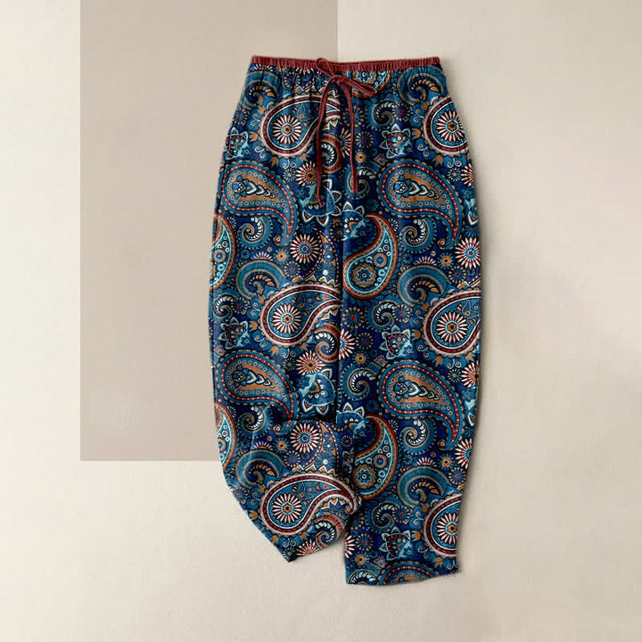 Buddha Stones Pantalones de mujer de algodón puro con estampado floral de cachemir, cintura elástica y bolsillos. - Azul acero - US16，UK/AU20，EU48 (3XL) - image 5