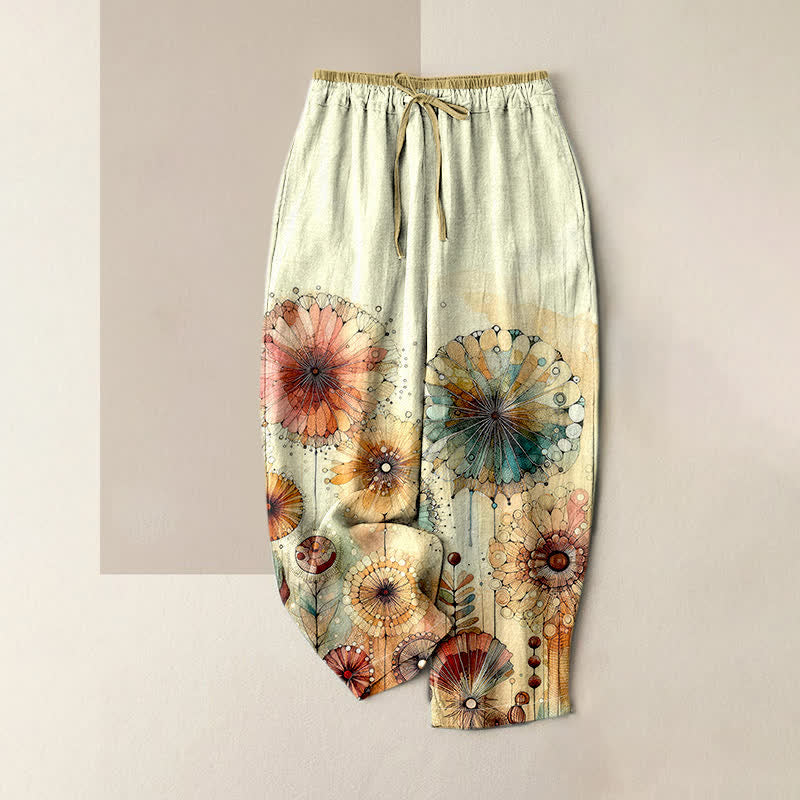 Buddha Stones Pantalones de mujer de algodón puro con estampado floral de mandala en acuarela, cintura elástica y bolsillos. - Amarillo claro - US16，UK/AU20，EU48 (3XL) - image 0