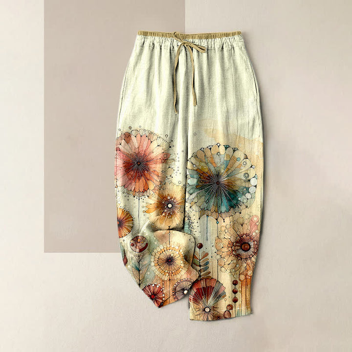 Buddha Stones Pantalones de mujer de algodón puro con estampado floral de mandala en acuarela, cintura elástica y bolsillos. - Amarillo claro - US16，UK/AU20，EU48 (3XL) - image 0