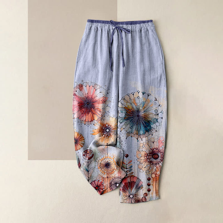 Buddha Stones Pantalones de mujer de algodón puro con estampado floral de mandala en acuarela, cintura elástica y bolsillos. - Lavanda - US16，UK/AU20，EU48 (3XL) - image 4