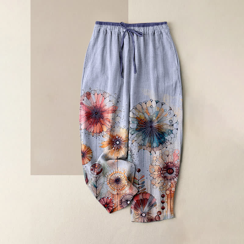 Buddha Stones Pantalones de mujer de algodón puro con estampado floral de mandala en acuarela, cintura elástica y bolsillos. - Lavanda - US16，UK/AU20，EU48 (3XL) - image 4