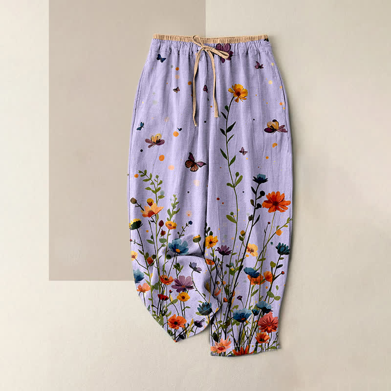 Buddha Stones Pantalones de mujer de algodón puro con estampado floral bohemio de mariposas y cintura elástica con bolsillos. - Lavanda - US16，UK/AU20，EU48 (3XL) - image 3