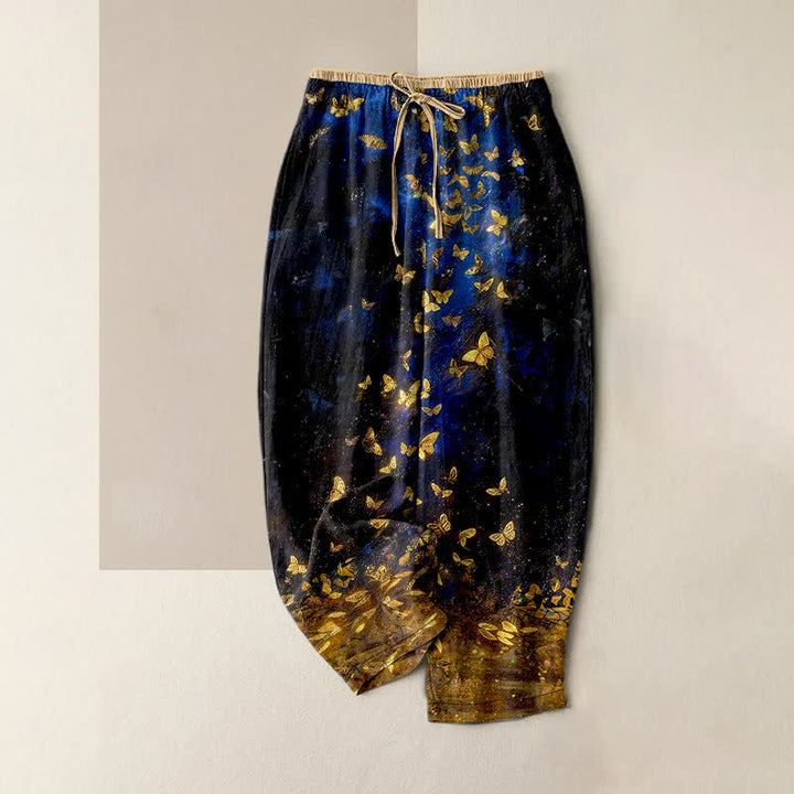Buddha Stones Pantalones de mujer de algodón puro con estampado degradado de mariposa dorada y cintura elástica con bolsillos. - Azul medianoche - US16，UK/AU20，EU48 (3XL) - image 0