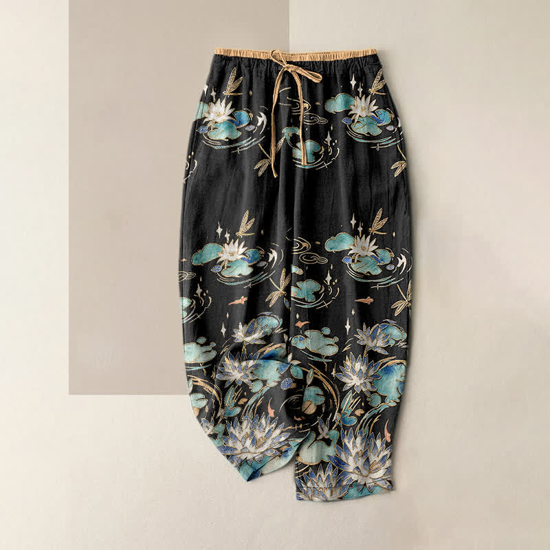 Buddha Stones Pantalones de mujer de algodón puro con estampado de ondas de loto y cintura elástica con bolsillos. - Negro - US16，UK/AU20，EU48 (3XL) - image 5