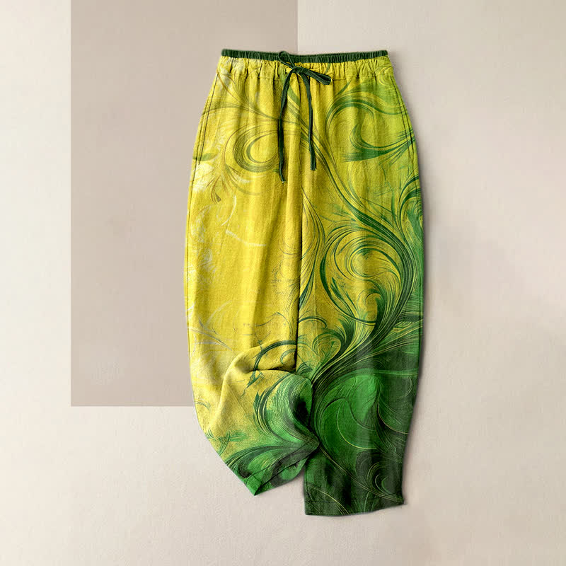 Buddha Stones Pantalones de mujer de algodón puro con estampado degradado en espiral al atardecer y cintura elástica con bolsillos. - VerdeAmarillo - US16，UK/AU20，EU48 (3XL) - image 5