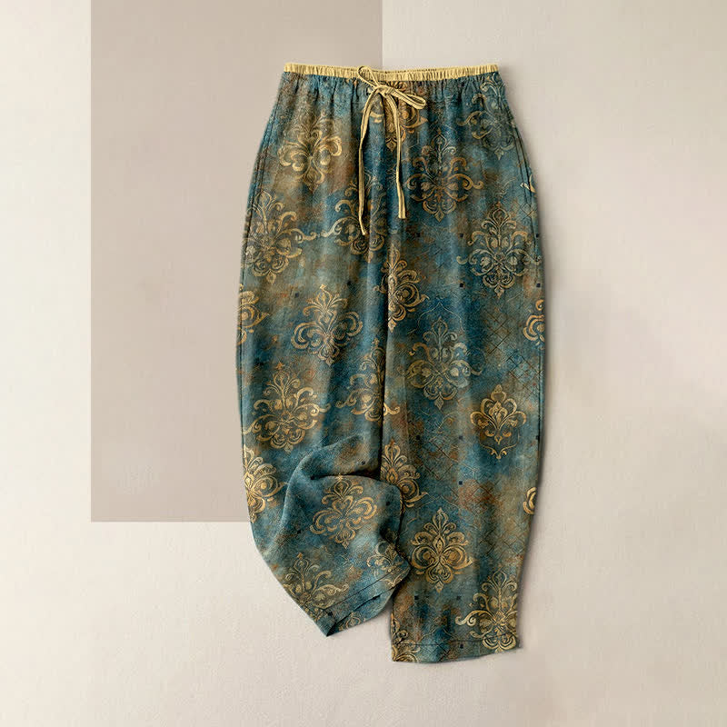 Buddha Stones Pantalones de mujer con estampado damasco vintage, cintura elástica y bolsillos. - Verde azulado - US16，UK/AU20，EU48 (3XL) - image 0