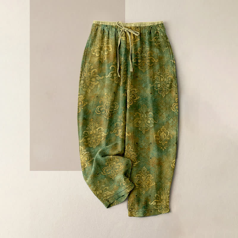 Buddha Stones Pantalones de mujer con estampado damasco vintage, cintura elástica y bolsillos. - Verde oliva - US16，UK/AU20，EU48 (3XL) - image 4