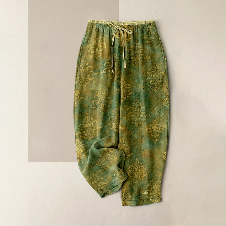Buddha Stones Pantalones de mujer con estampado damasco vintage, cintura elástica y bolsillos. - Verde oliva - US16，UK/AU20，EU48 (3XL) - image 4