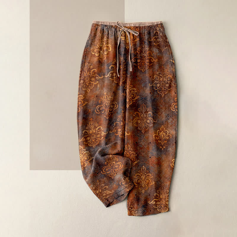 Buddha Stones Pantalones de mujer con estampado damasco vintage, cintura elástica y bolsillos. - Tierra de siena - US16，UK/AU20，EU48 (3XL) - image 5